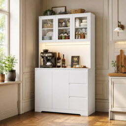 180cm Kitchen Pantry Kitchen Cupboard With LED & Shelves & Drawers & Countertop