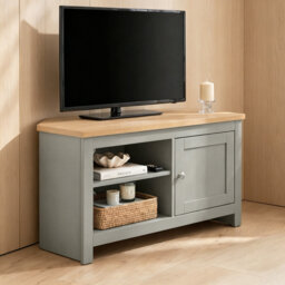 Grey Corner TV Unit for 35–40 Inch Televisions, Space Saving Entertainment Cabinet with Oak Effect Top, Adjustable Shelves & Soft Close Door, Storage