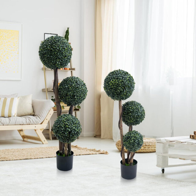 Artificial Topiary Ball Tree Indoor and Outdoor, 35 Inch Faux Boxwood Plants Topiary Triple Ball Tree Milan Grass Ball Trees for Porch or Garden Home