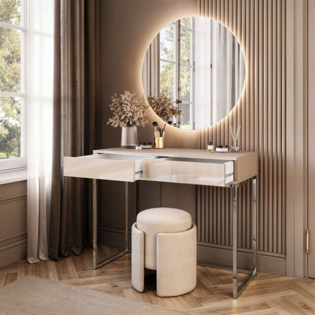 BLANCO GLAMOUR Cashmere Dressing Table with Chrome Frame and LED Mirror