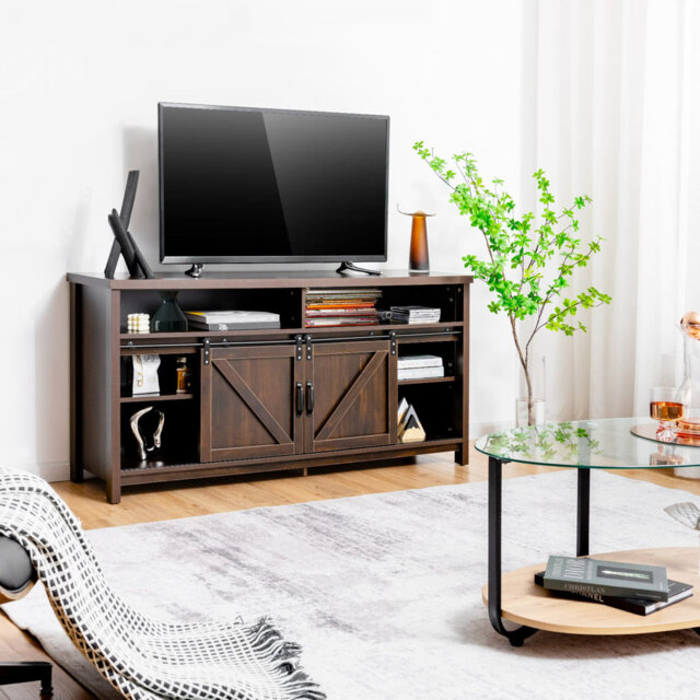 150Cm Sliding Barn Door TV Stand Farmhouse Flat Screen Console-Brown