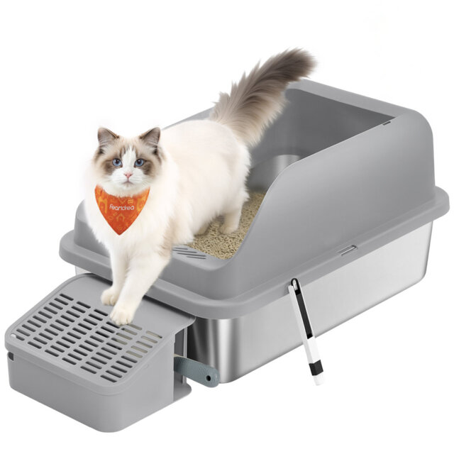 Stainless Steel Cat Litter Box, High Sided Litter Tray With Open Top, Step, Scoop, Brush, For Cats Up To 15 Kg, Slate Grey