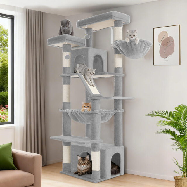 Large Cat Tree, 183 cm Tall Cat Tower for Indoor Cats Large Cats, Corner Climbing Tower with 6 Sisal Scratching Posts, 2 Large Platforms, 2 Caves, Ham