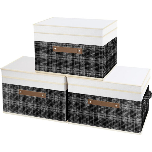 Collapsible Storage Box With Lid, Patchwork Design, Decorative, Fabric Storage Box For Clothes, Wardrobe Storage, 38X25x25 Cm, Set Of 3, Black