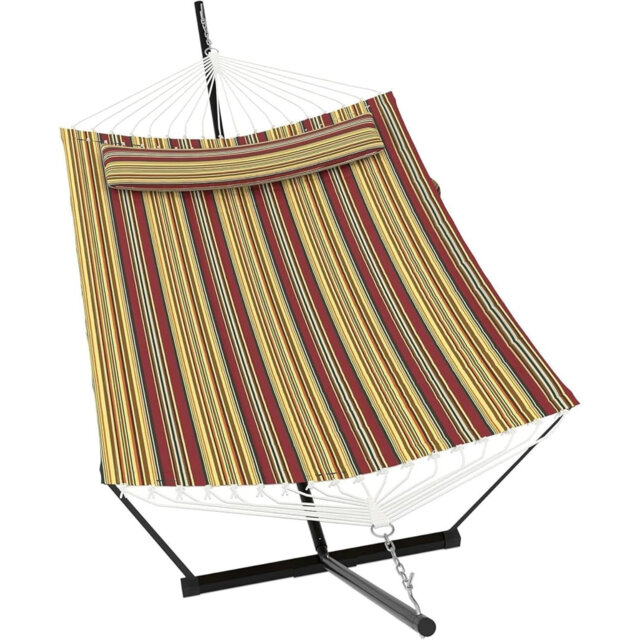 365cm 2 Person Freestanding Double Hammock with Stand, Red&Yellow Outdoor Hammock Equipped with Pillow & Balance Rope, 204kg Load Capacity for Patio B