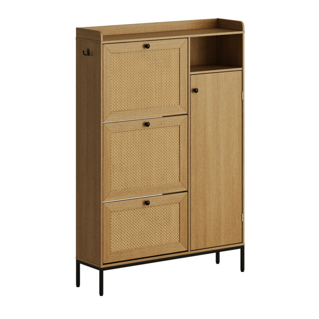 Rattan Shoe Storage Cabinet with 3 Flip Drawers, Freestanding Organizer with Adjustable Shelves for Entryway, Narrow Shoe Rack Cabinet for Hallway, Ea