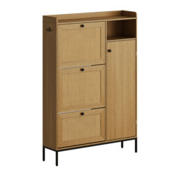 Rattan Shoe Storage Cabinet with 3 Flip Drawers, Freestanding Organizer with Adjustable Shelves for Entryway, Narrow Shoe Rack Cabinet for Hallway, Ea
