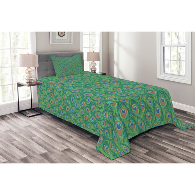 Adinath Green/Orange Microfibre Bedspread Set