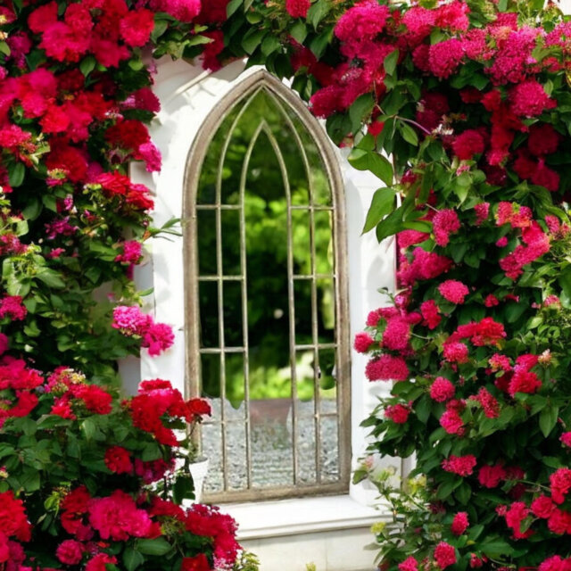 Akmal Hand Finished Garden Wall Mirror - Indoor Outdoor Decorative Metal Arch Mirror with Hanging Hooks