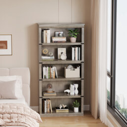 "5-Tier Farmhouse Bookshelf, 67.4"" Tall Rustic Bookcase with Open Storage Shelves, Grey Wooden Book Shelf for Living Room, Bedroom & Home Office"