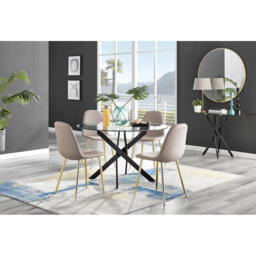Tierra Modern Chrome Metal & Glass Round Dining Table Set with 4 Luxury Faux Leather Chairs
