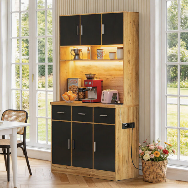 Kitchen Tall Cabinet –Pantry Cupboard with LED App Control, Drawers, Adjustable Shelves, Charging Station & Waterproof Countertop for Kitchen or Dinin