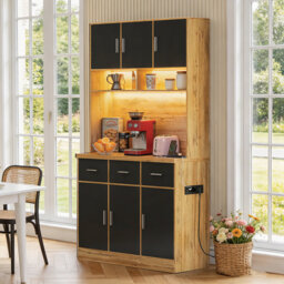 Kitchen Tall Cabinet âPantry Cupboard with LED App Control, Drawers, Adjustable Shelves, Charging Station & Waterproof Countertop for Kitchen or Din