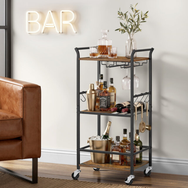 3-Tier Kitchen Trolley with Wheels, Removable Serving Tray, Storage Cart with Brakes, Rustic Brown and Black