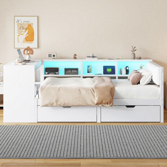 Wooden Storage Bed With Drawers, Desk And Bookshelf