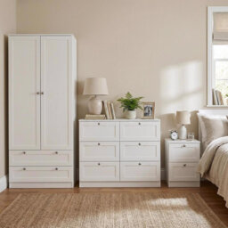 Matt White Bedroom Furniture Set 6 Drawer Chest, 2 Drawer Bedside Table & 2 Door 2 Drawer Wardrobe