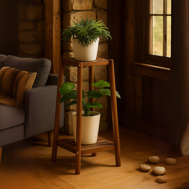 Abdera Tall Natural Bamboo Tall Plant Stand 2 Tier Shelf Plant Holder Garden Home Furniture