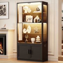 67” Display Cabinet with Glass Doors, 4-Tier Curio Cabinet with 2 Removable Glass Shelves and Dimmable LED Lighting