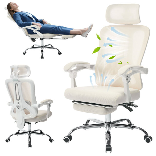 Ergonomic High-Back Mesh Office Chair with Retractable Footrest, Adjustable Headrest & Lumbar Support, Reclining Swivel Rolling Desk Chair, 300 lb - W
