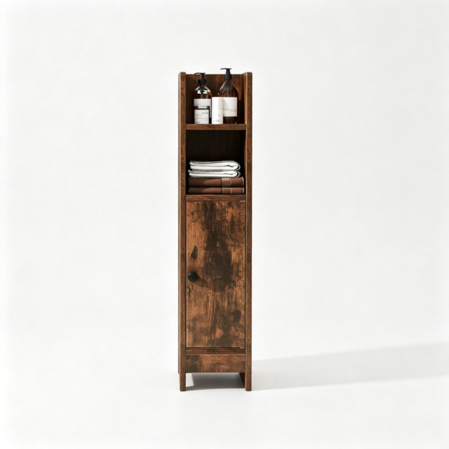 Slim Narrow Rustic Brown Bathroom Floor Storage Cabinet with Door & Adjustable Shelf, Freestanding Multi-Tier Small Space Toilet Paper Organizer Cupbo