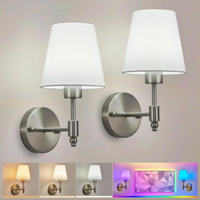 Battery Operated Wall Lights Set of 2 Wireless LED Wall Lamps with Fabric Shade & Remote 3CCT 9 RGB Dimmable Rechargeable Bulbs Sconce Light (Brass)
