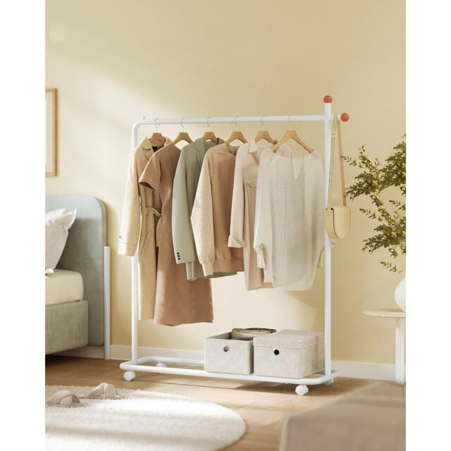 Clothes Rail, Clothes Rack On Wheels, Portable Clothing Rack, With 1 Clothes Hanging Rail, Matchstick-Shaped Hooks, Matte White