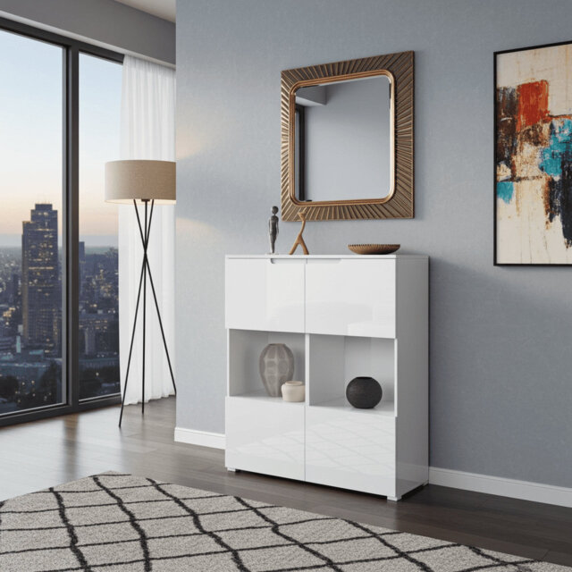 Arctic Elegance White Gloss Display Cabinet With Glass Doors And Shelves For Living And Dining Room Storage