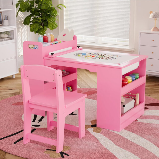 Kids Art Table and 2 Chairs, Craft Table with Large Storage Shelves,Toddler Wooden Drawing Desk Activity & Crafts Children's Wooden Furniture for Clas