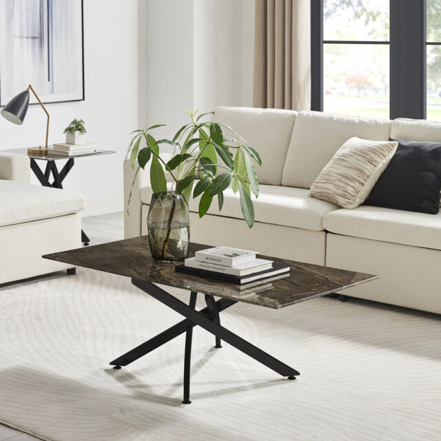 Lenworth Marble Effect Coffee Table - Glass Topped Metal Leg Centre Table