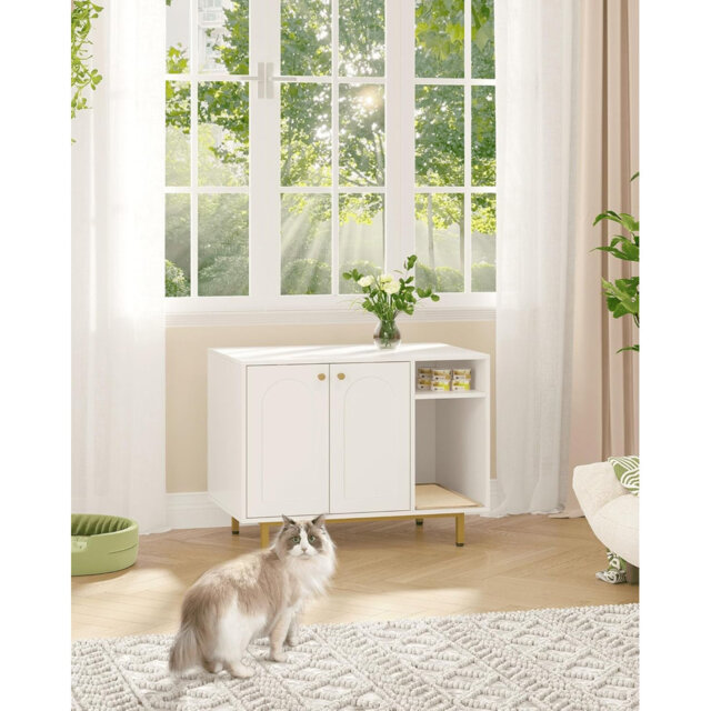 Cat Litter Box Enclosure, Hidden Litter Box Furniture with Scratching Mat, Wooden Pet House Side End Table, Tall Legs, Double Doors, 80 x 50 x 61 cm,