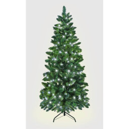 Slim Green Pre-Lit Christmas Tree with Cool White LEDs, Hinged PVC Branches and Metal Base