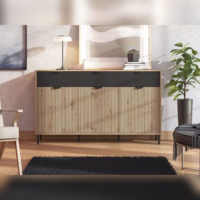 Modern Artisan Oak Effect And Black 3 Door Sideboard With Slatted Detailing – Storage For Living And Dining Room