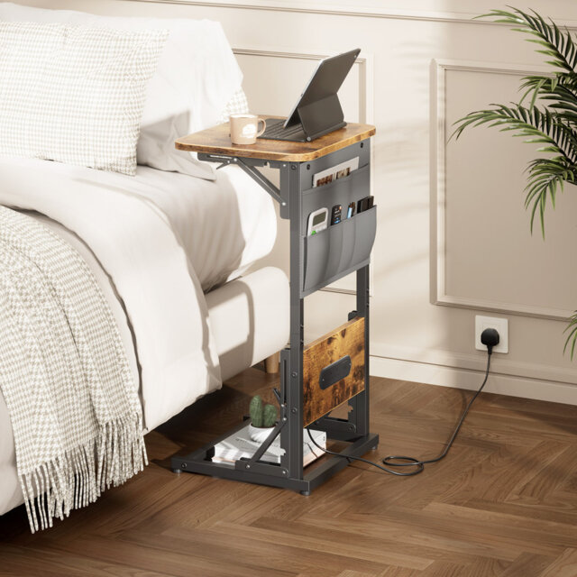Folding Side Table with Charging Station, C-Shaped End Table with Storage Pockets,Scratch-resistant and Waterproof Panel.Multi-functional Nightstand f