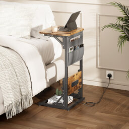 Folding Side Table with Charging Station, C-Shaped End Table with Storage Pockets,Scratch-resistant and Waterproof Panel.Multi-functional Nightstand f
