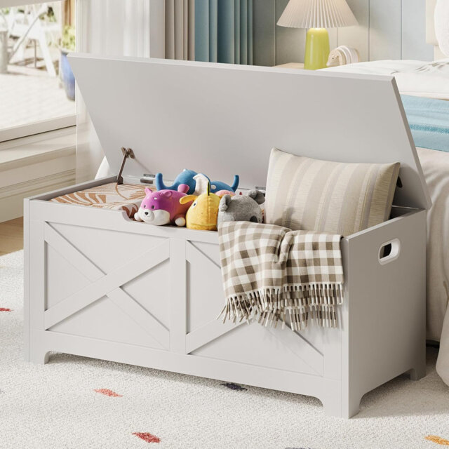 "39.4"" Storage Chest, Wooden Storage Bench with Safety Hinges, Easy Assembly, Large Toy Chest for Entryway, Living Room, Bedroom"