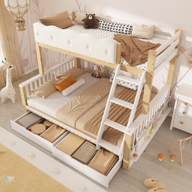 White and Natural House Bunk Bed, Single Over Double with Storage Staircase, Shelving and Guard Rails