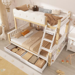 White and Natural House Bunk Bed, Single Over Double with Storage Staircase, Shelving and Guard Rails
