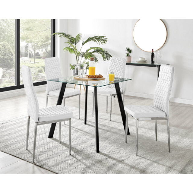 Scandinavian Style Glass and Metal Leg Square Dining Table Set - 4 Modern Faux Leather Dining Chairs