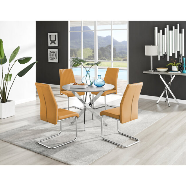 Tierra Modern Chrome Metal & Glass Round Dining Table Set with 4 Upholstered Faux Leather Chairs