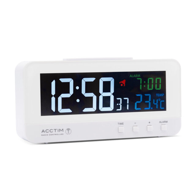 Acctim Rialto Digital Alarm Clock Radio Controlled Crescendo Alarm Thermometer High Contrast Coloured VA Display White
