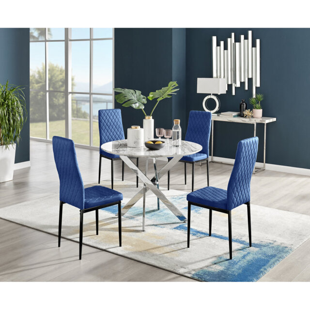Tierra Modern Chrome Metal & Glass Round Dining Table Set with 4 Quilted Velvet Chairs