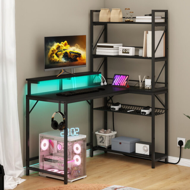 Metro Lane Reversible Computer Desk With 148Cm H Storage Shelve&LED Lights&Power Outlets