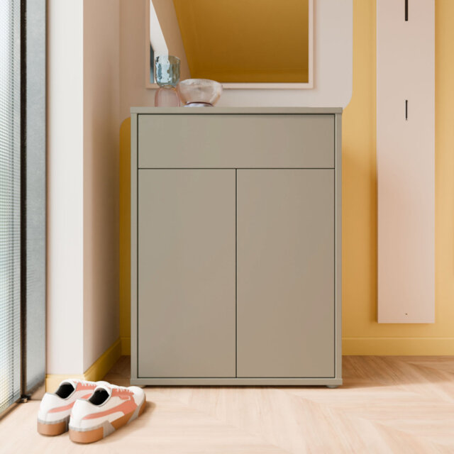 Modern minimalistic shoe cabinet with 2 doors and 1 drawer, engineered wood, warm taupe, 74.5 cm W x 99.1 cm H x  34.9 cm D
