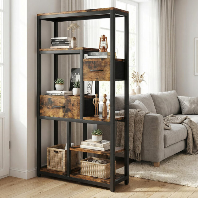 Rustic Brown Bookcase With 2 Fabric Drawers, 6-Tier Free Standing Shelf Unit For Storage Living Room Office Study