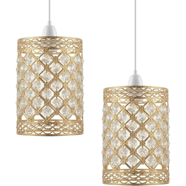 Sun Flower French Gold Crystal Pendant Light Shade, Jewels Modern Easy Fit Round Drum Pendant Lampshade Crystal Ceiling Light for Kitchen