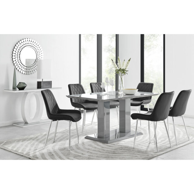 Edzard Double Pedestal High Gloss Dining Table Set with 6 Luxury Velvet Dining Chairs