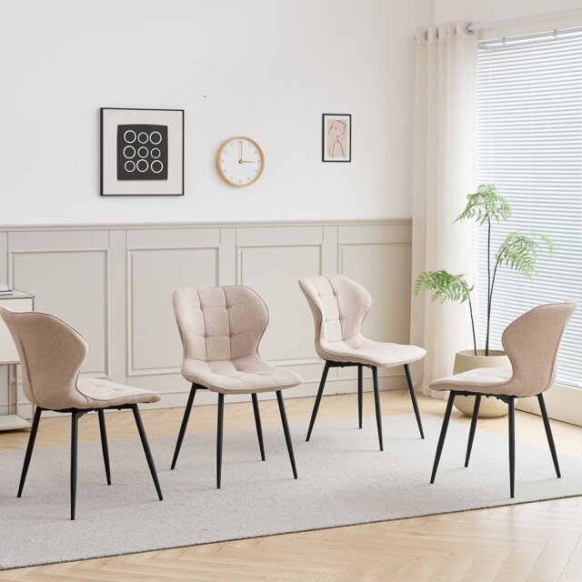 Set Of 4 Dining Chairs - Scandinavian Style Dining Chairs - Linen Upholstered - Metal Legs