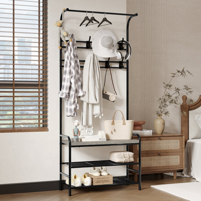 4-in-1 Industrial Hall Tree Coat Rack with Shoe Bench, Entryway Organizer with 3-Tier Storage Shelf, 8 Hooks, Sturdy Steel Frame for Entryway, Hallway