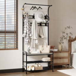 4-in-1 Industrial Hall Tree Coat Rack with Shoe Bench, Entryway Organizer with 3-Tier Storage Shelf, 8 Hooks, Sturdy Steel Frame for Entryway, Hallway