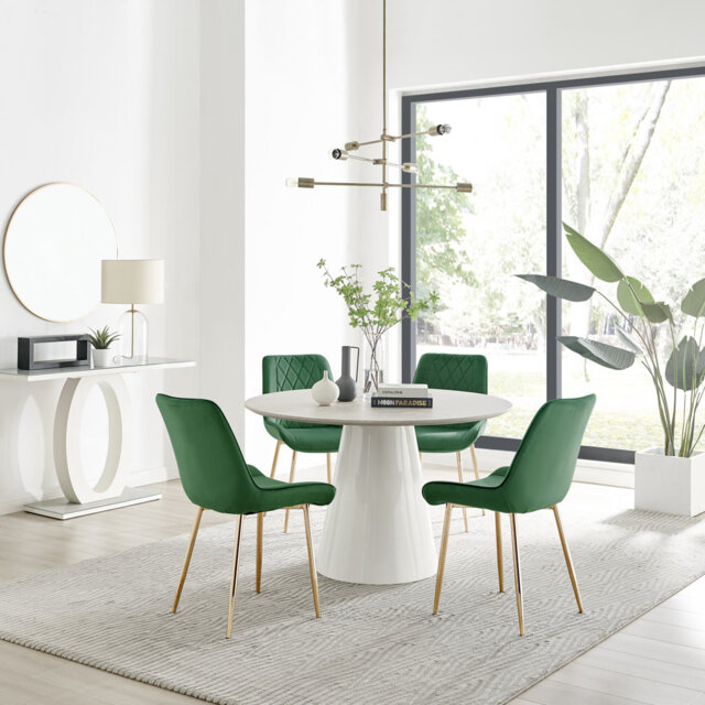 Edzard Statement 4 Person Round Dining Table Set in Luxury Stone Effect - Velvet Dining Chairs